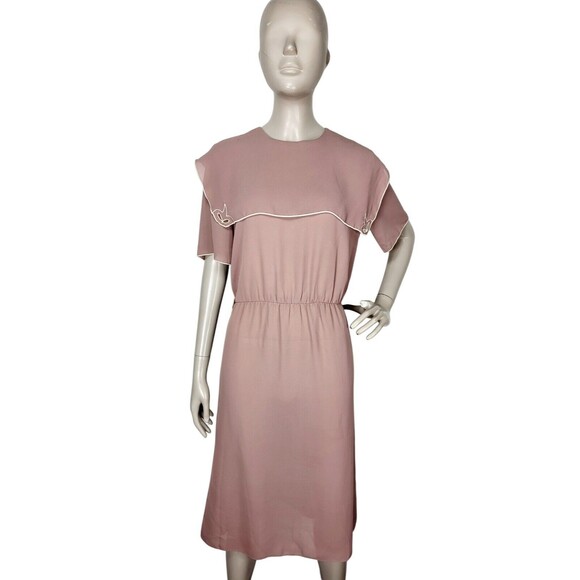 Vintage Mindy Malone 80s Mocha Chiffon Sailor Capelet Neckline Sheath Dress S/M - Picture 4 of 7